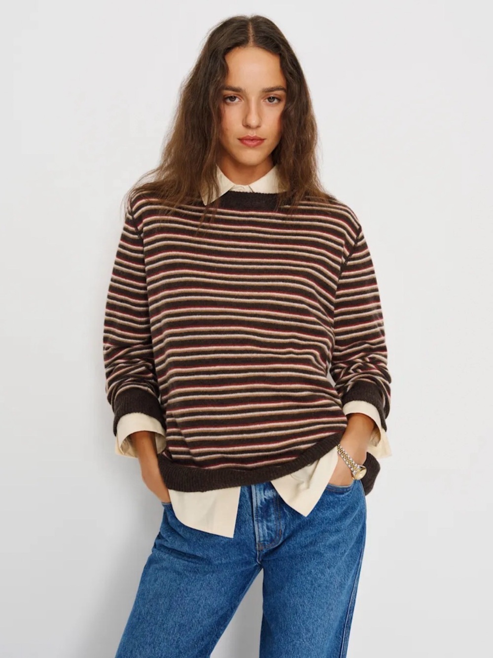 REFORMATION Cashmere Boyfriend Sweater in Compost Multi Stripe S